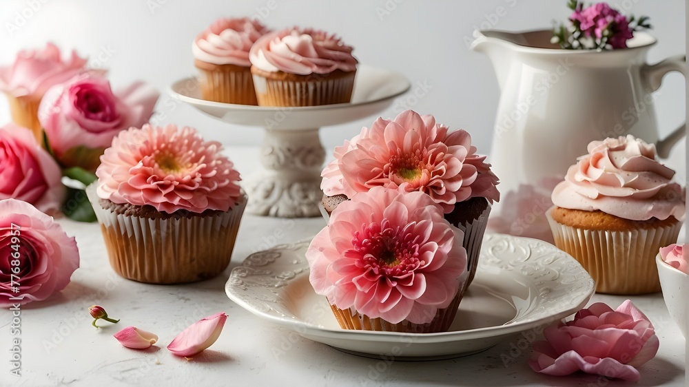 Mother's Day holiday meal including pink flowers and cupcakes on a white background Mother's Day holiday meal including pink flowers and cupcakes on a white background