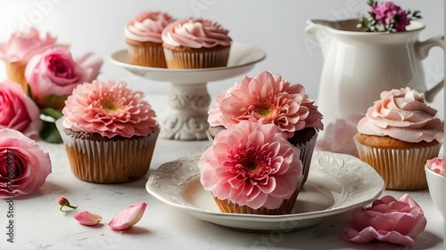 Mother's Day holiday meal including pink flowers and cupcakes on a white background photo