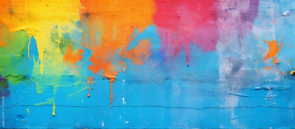 Vibrant close-up of a wall covered in a variety of colors with splashes and splatters of paint, creating a dynamic and artistic background