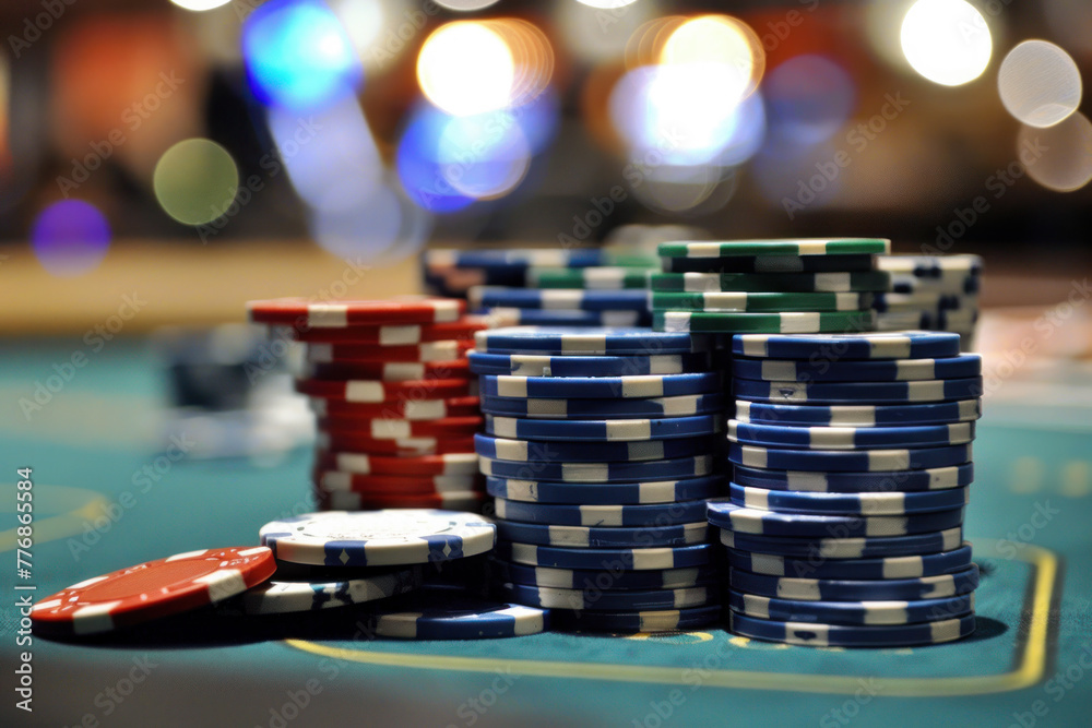  Stacks of poker chips on a casino table with blurred lights.