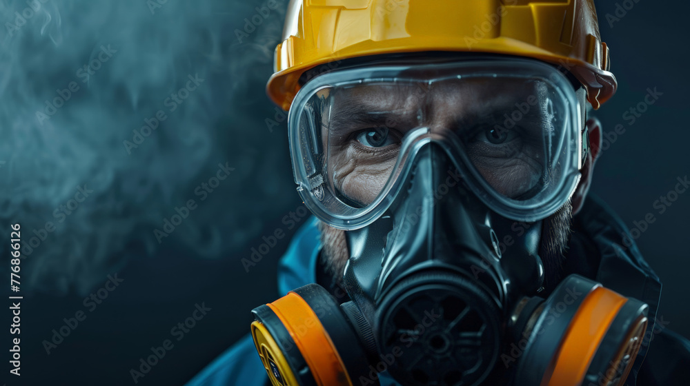 Worker in gas mask, promoting safety, dark background, Workers demonstrating safety practices on World Safety Day Worker in gas mask, promoting safety, dark background, Workers demonstrating safety practices on World Safety Day