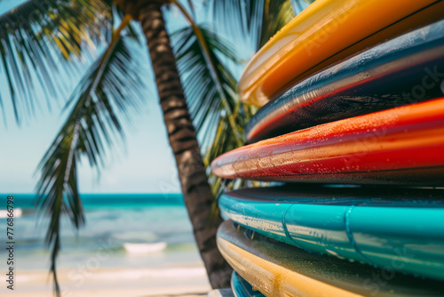 A collection of colorful surfboards stacked on a tropical beach near the ocean, framed by a palm tree © Emanuel