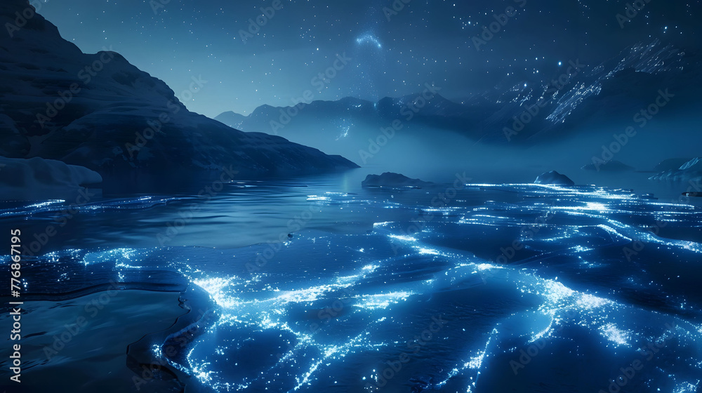 A scene of a frozen lake at night, where the ice cracks form glowing, ethereal patterns.