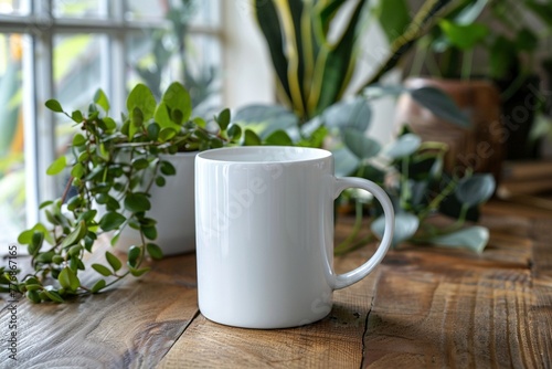 Eine weiße Tasse ohne Aufdruck an einem Fenster mit Zimmerpflanzen im Hintergrund  photo