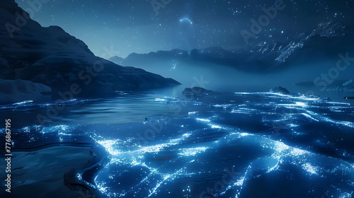 A scene of a frozen lake at night  where the ice cracks form glowing  ethereal patterns.