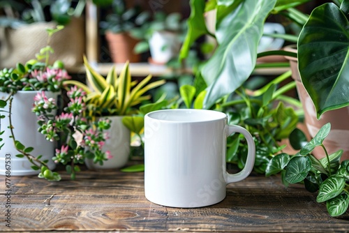 Tassen Mockup, eine weiße Tasse ohne Aufdruck steht auf einem rustikalen Holztisch mit Pflanzen im Hintergrund 