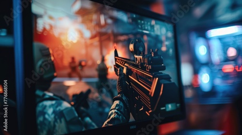 Over-the-shoulder view of a first-person shooter video game with a focus on the in-game screen. photo