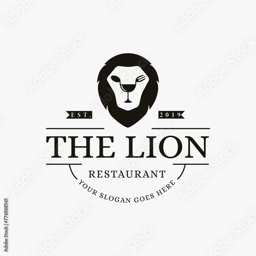 Creative vintage retro hipster logo of restaurant with lion face spoon fork and wine glass