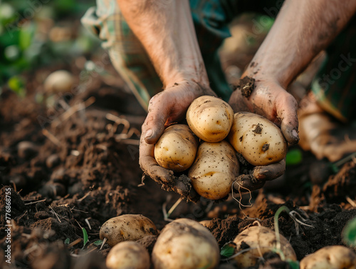 Close up of hands harvesting potatoes