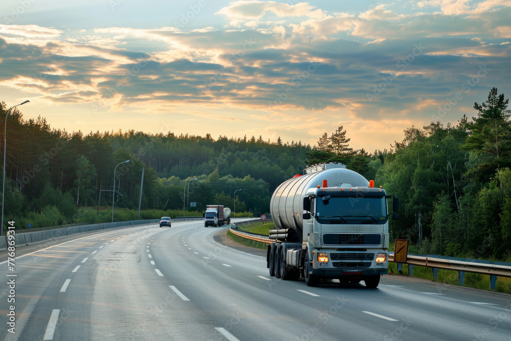 A gas-tank truck traveling on a highway