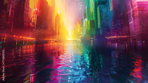 A scene of a river that flows through a city of light  its waters reflecting a myriad of colors.