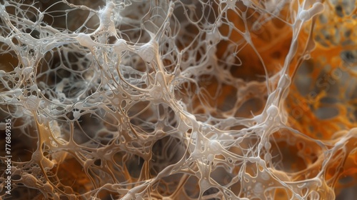 In this image a closer look at the hyphal network showcases the intricate patterns created by the interconnected hyphae. The filaments