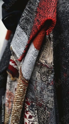 Exploring the intricate details of textile patterns, this close-up epitomizes the unique identity expressed through street fashion.