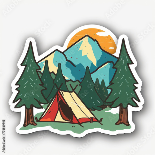 This illustrated sticker features a colorful camping scene set against majestic mountains, encapsulating the spirit of outdoor adventure among the pines.