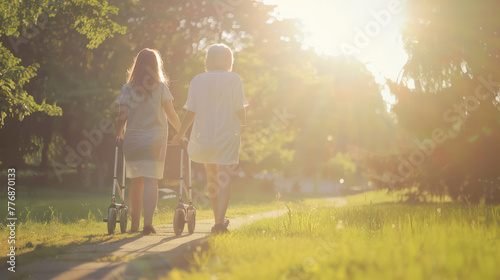 Two women are walking in a park, one of them is pushing a walker Concept of companionship and support between the two women