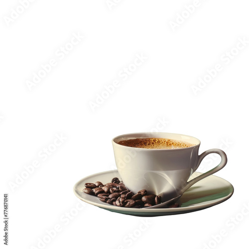 A cup of coffee and coffee beans on a plate