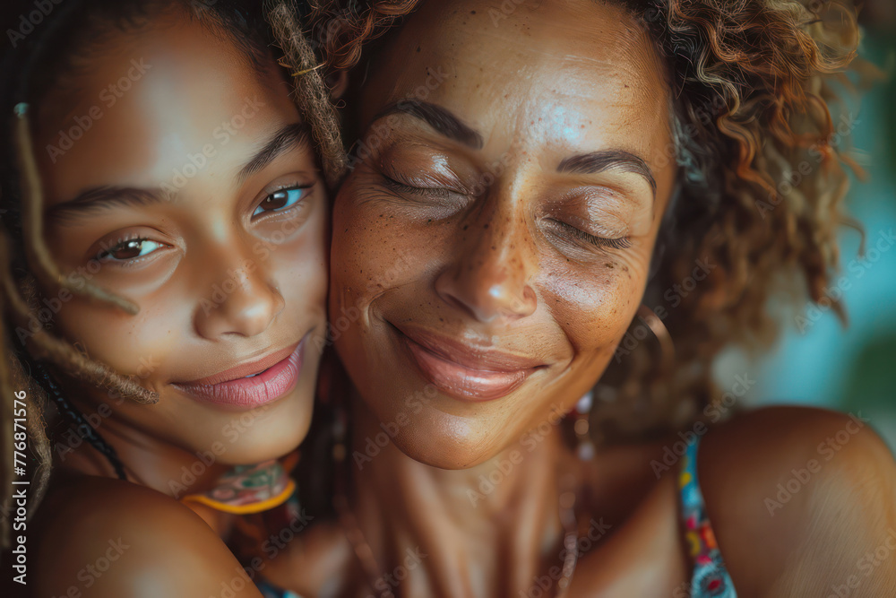 Two women with curly hair are hugging each other. They both have a smile on their faces. Scene is happy and friendly