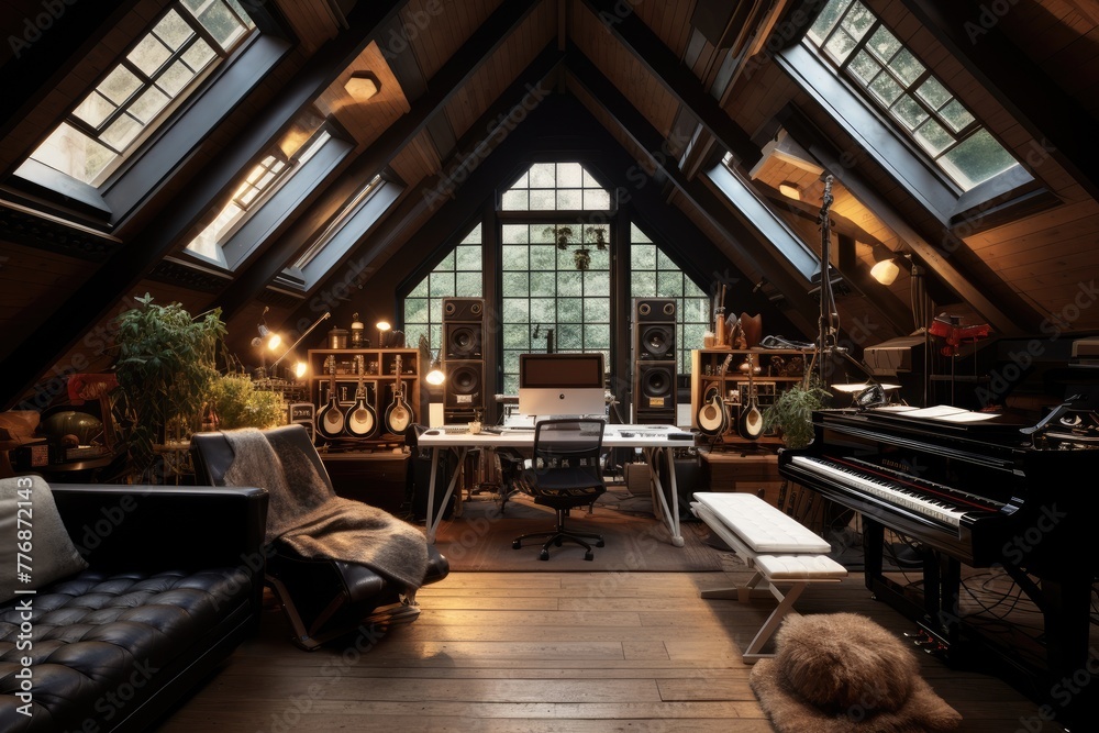 An attic recording studio with a skylight and vintage accents recording studio, AI generated