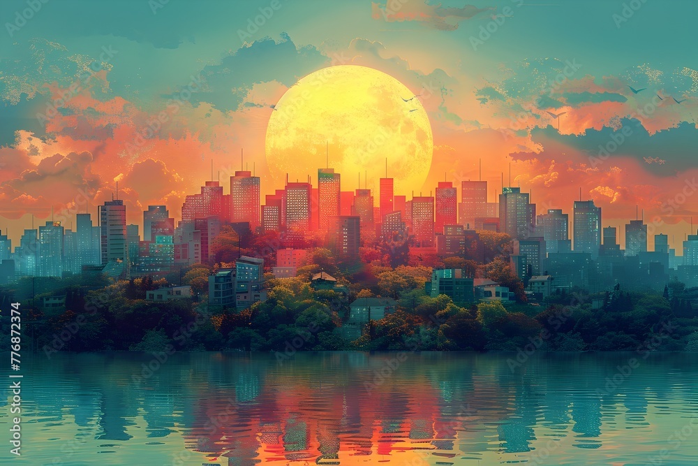Vibrant Futuristic Solar powered City Skyline Reflecting on Tranquil River at Dramatic Sunset Vibrant Futuristic Solar powered City Skyline Reflecting on Tranquil River at Dramatic Sunset