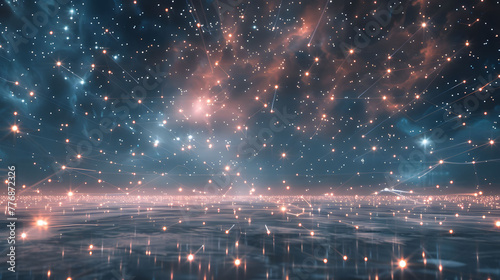 A scene of a vast plain under a cosmic sky, where each star is connected by glowing lines.