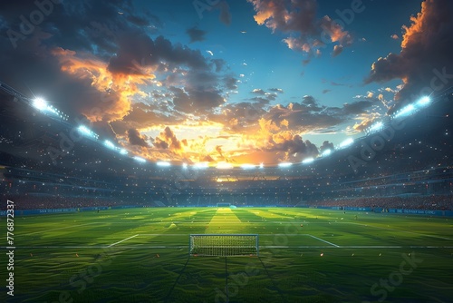 Photo of a Captivating Floodlit Soccer Stadium at Twilight with Dramatic Skies