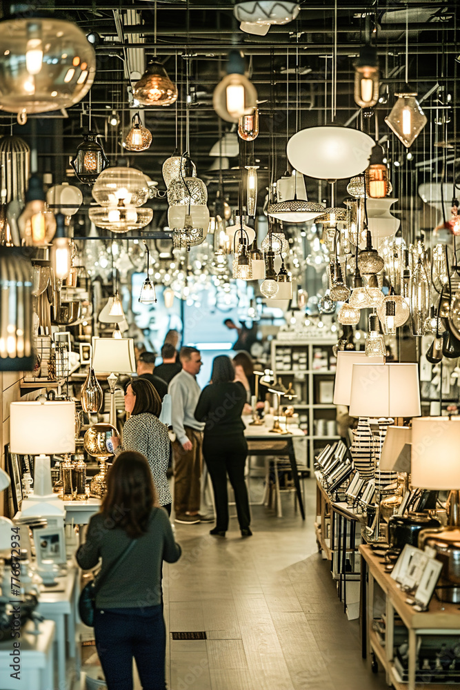 Fototapeta premium Excitement of customers testing lamps and desk lights, surrounded by lighting fixtures in a well-stocked store.