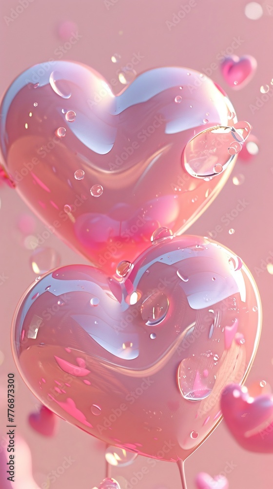 cartoon illustration of cute pink hearts, white background, ,3d , ultra clear details, hyper resolution