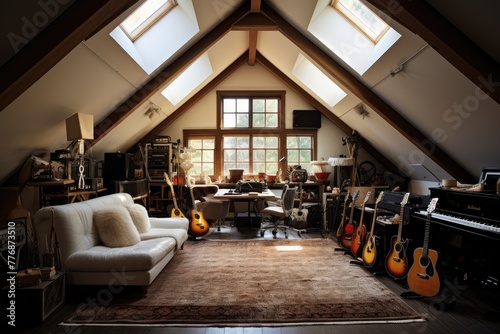An attic recording studio with a skylight and vintage accents recording studio concept  ai generated