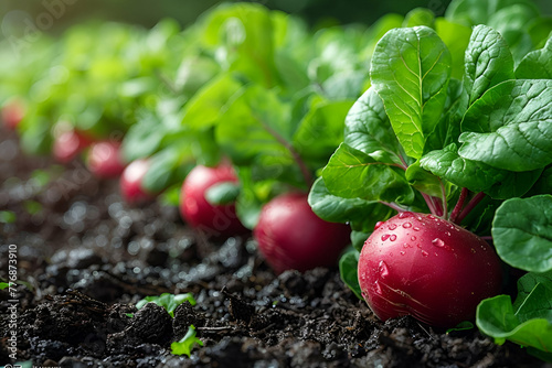 Young Radishes in Soil, Organic Gardening Style, Growth and Health Concept, Great for Gardening Guides, Organic Market Advertisements, Nutrition Education Resources