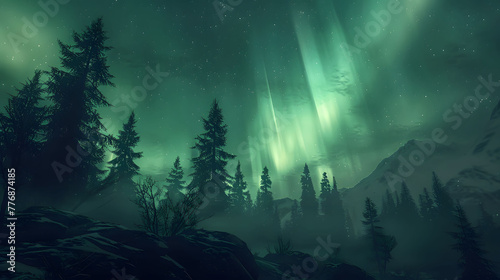 A scene of an aurora borealis over a forest  with colors more vivid than ever seen before.