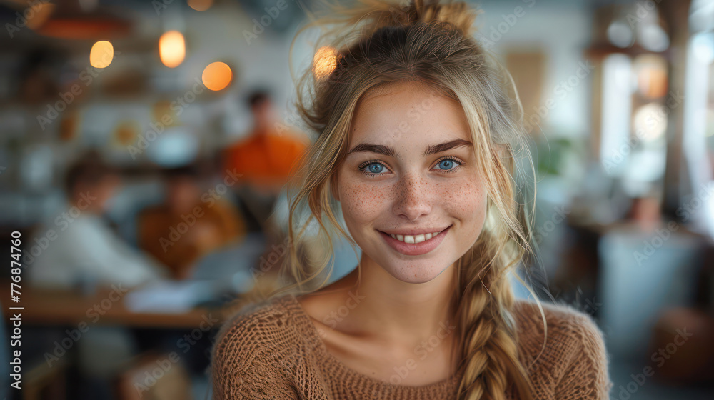 A woman with blue eyes and blonde hair is smiling at the camera A woman with blue eyes and blonde hair is smiling at the camera