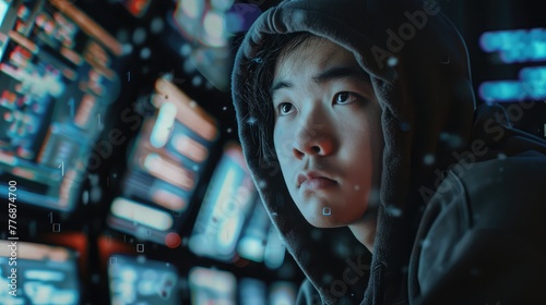 An Asian hacker in a hoodie executing sophisticated cyber attacks on a virtual network, showcasing the complexities and risks associated with modern cybersecurity threats.