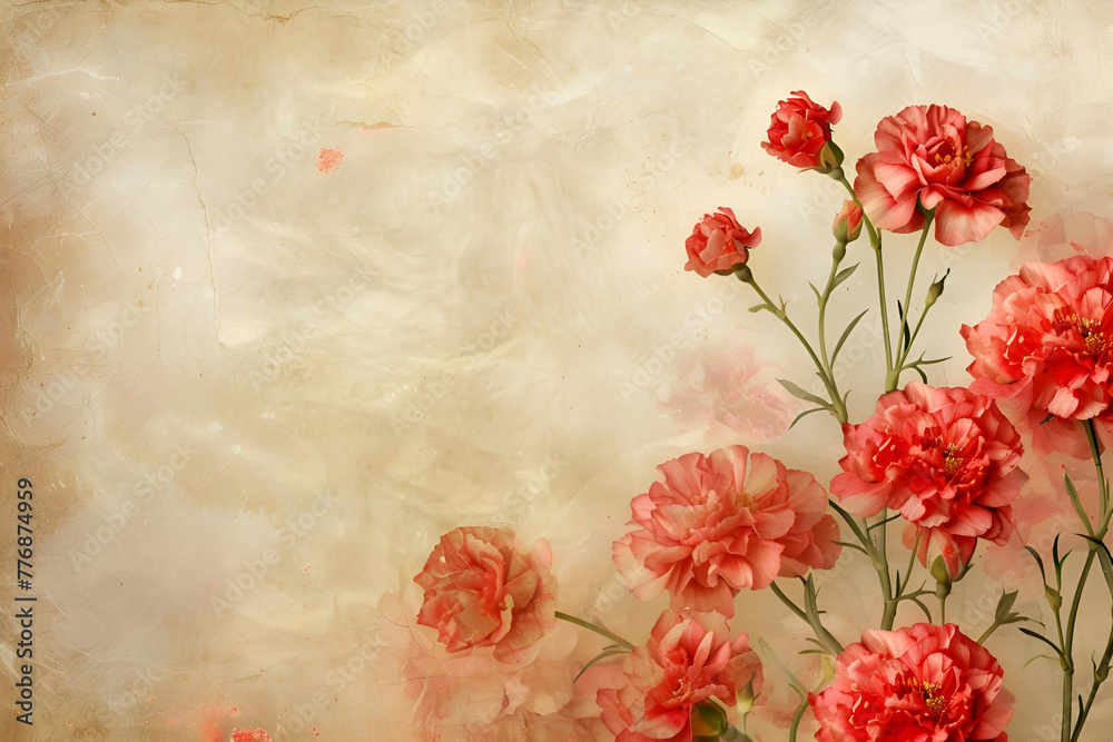 Vintage Carnations on Textured Paper, Classic Floral Style, Romantic Nostalgia Concept, Ideal for Retro Wedding Invitations, Vintage Event Posters, Boutique Wallpaper, Copy Space
