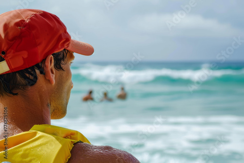 A lifeguard observing swimmers in the ocean, embodying beach safety and vigilance