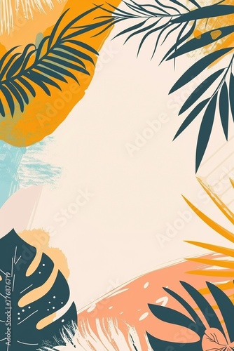 Tropischer Sommer Hintergrund mit verschiedenen Pflanzen, Farben und Mustern und Platz für Text 