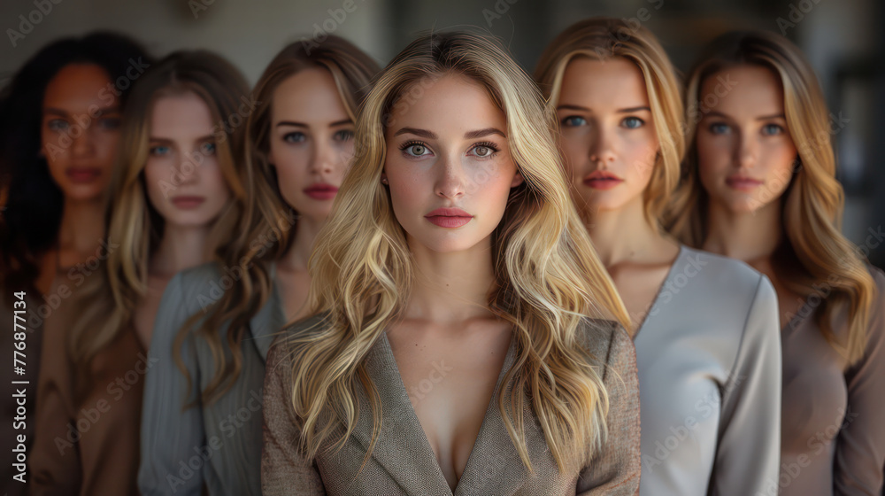 A group of women stand in a row, all with long blonde hair