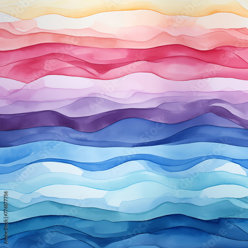 Abstract colorful watercolor painting with layered hills in shades of blue, purple, pink, and orange.