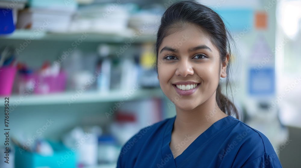 Attractive young Indian nurse wearing blue scrubs, smiling and standing in front of medical equipment on shelves behind her with colors and stationery in a bright light office space. Attractive young Indian nurse wearing blue scrubs, smiling and standing in front of medical equipment on shelves behind her with colors and stationery in a bright light office space.