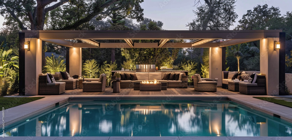 Perfect for outdoor entertainment, this modern poolside refuge features a chic pergola, luxurious seats, and sophisticated lighting