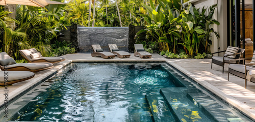 Surrounded by lush tropical greenery, this stylish poolside refuge features modern lounge chairs and a sophisticated water feature