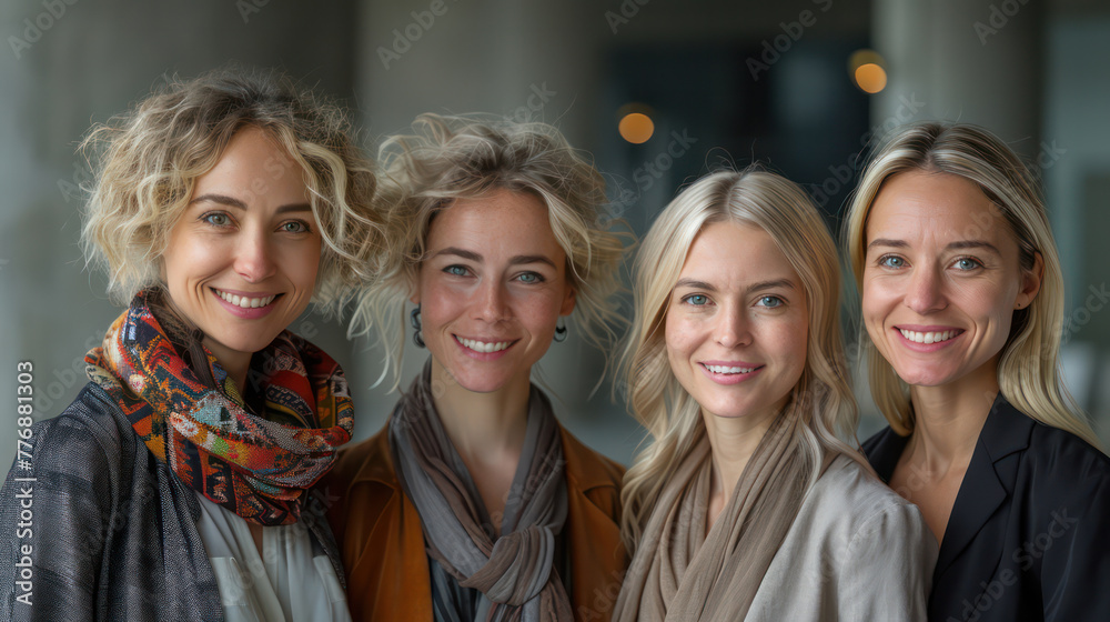 Four women are smiling for the camera, wearing scarves and jackets Four women are smiling for the camera, wearing scarves and jackets