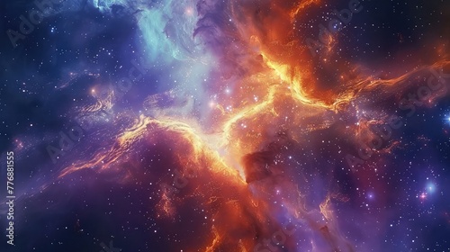 An otherworldly view of a colorful nebula stretching across light-years of space, with swirling clouds of gas and dust illuminated by the light of newborn stars. photo