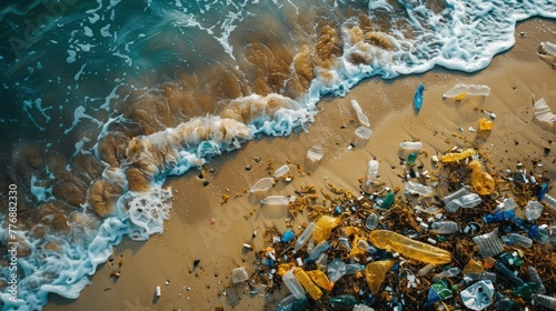 A polluted beach scene with plastic bottles and waste washed ashore, contrasting with the natural beauty of the waves and sand.