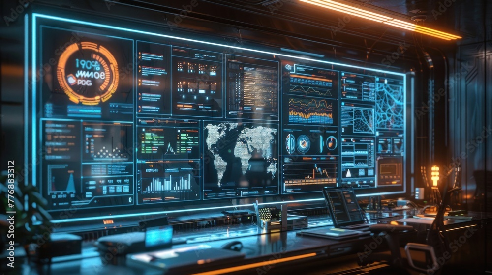 A futuristic workspace with transparent screens displaying real-time analytics and statistics
