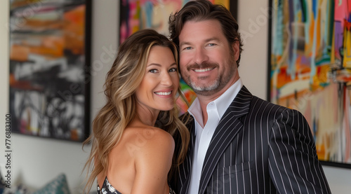 Businessman in elegant suit smiling next to his radiantly beautiful wife in the luxurious living room at their home.