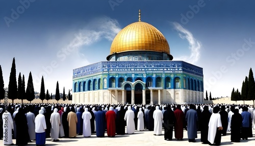 Eid Celebration in Palestine Masjid Aqsa, A large crowd of people of various ages with palestine flag and Middle Eastern ethnicity in front of the Dome of the Rock, Asian ethnicit photo