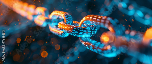 3D render of a digital chain in a close up shot, with blue and orange colors