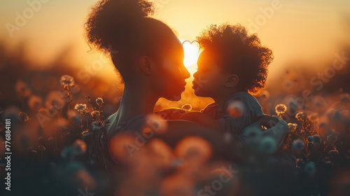 A mother and child are embracing each other in a field of flowers. The sun is setting in the background  casting a warm glow over the scene. Concept of love and warmth between the two