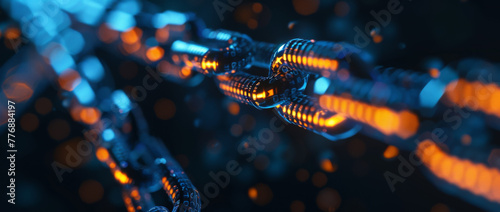 3D render of a digital chain in a close up shot, with blue and orange colors