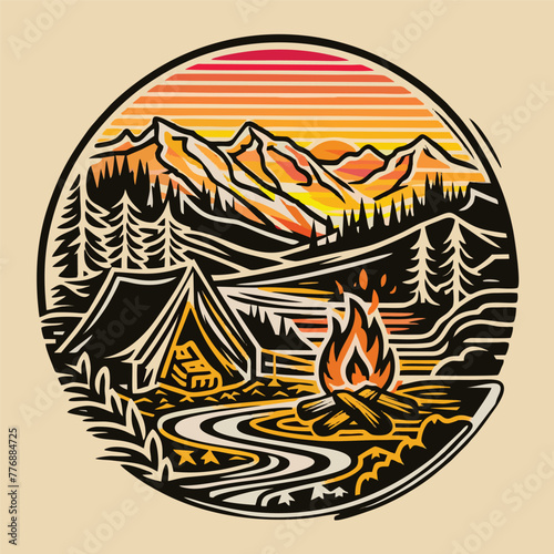  monoline illustration of a serene mountain morning camping scene for various printing applications, such as t-shirts, stickers, or any other merchandise